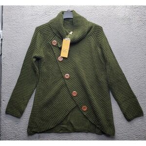 Grecerelle Cardigan Sweater Womens L Green Waffle Knit Asymmetric Button Front